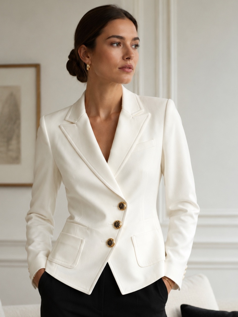SMYTHE Wrap Blazer Ivory Gold Crest Buttons Tailored Jacket Size 6 Made in Canad